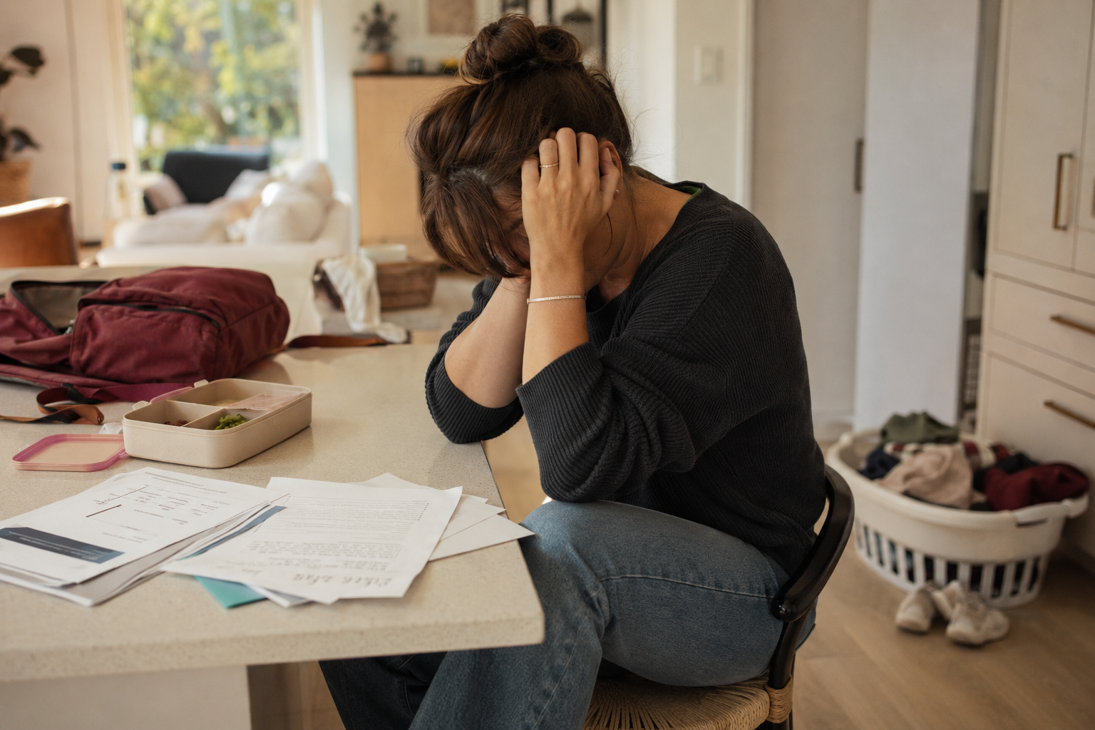 A depleted mother pausing amid the ordinary demands of family life
